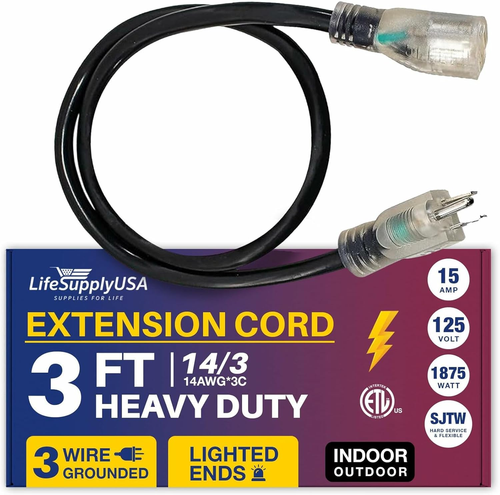 3 Ft Power Extension Cord Outdoor & Indoor Heavy Duty 14 Gauge/3 Prong SJTW (Bl - Picture 12 of 12