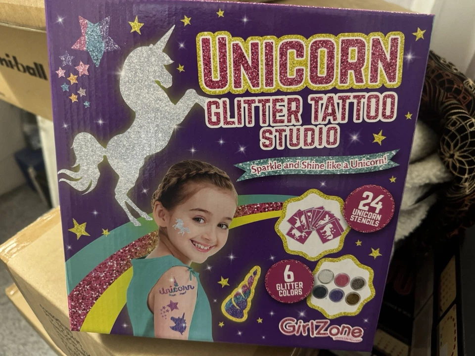 GIRLZONE Unicorn Glitter Tattoo Studio Temporary Tattoo Stencil Set For Girls