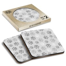 Image of 2 x Boxed Square Coasters - BW - Cute Dog Paw Prints Animal #35878