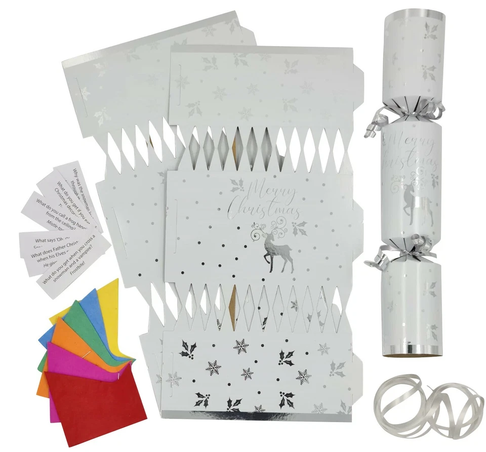 EVELAY LTD 6 Make Your Own Christmas Cracker kit Crackers Hats Jokes SILVER DEER