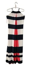 Blue and White Striped Long Maxi Dress Beachy Nautical Tie Coral Accent Color