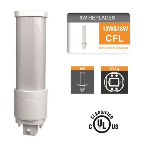 6W LED Replacement for 18W CFL G24q / GGX24q Base (4-Pin) 840K Cool White - Picture 1 of 2