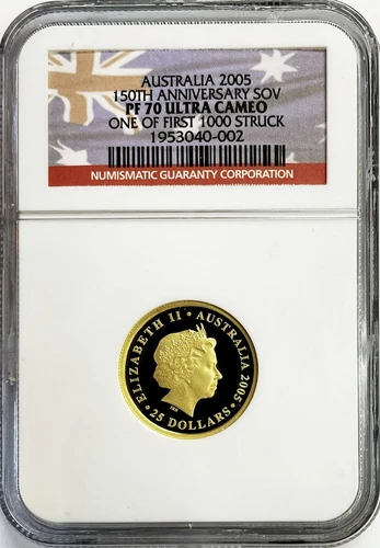 2005 GOLD AUSTRALIA $25 DOLLAR 150th ANN SOVEREIGN COIN NGC PROOF 70 ULTRA CAMEO
