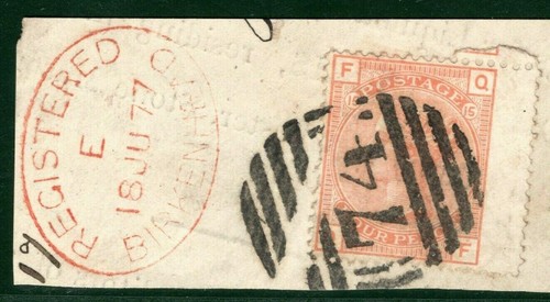 GB QV SG152 4d Vermilion Plate 15 Birkenhead Registered Piece Used c£475 LRED100 - Picture 7 of 9