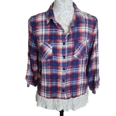 Absolutely Famous Red, Blue, & White Flannel Plaid Top Lacey Hem Women's Medium