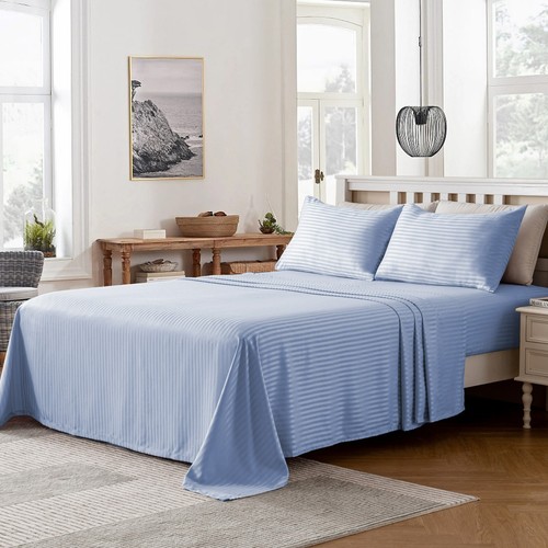 1800TC Stripe Soft 4Pcs Flat Fitted Sheet Set Pillowcases S/KS/D/Queen/King Bed - Picture 15 of 19