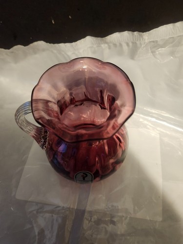Vintage Pilgrim Cranberry Glass Ribbed Pitcher, clear handle, Original Sticker - Picture 2 of 5