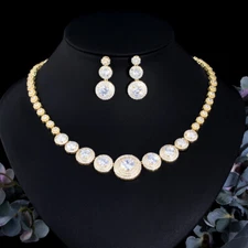 Big Round CZ Yellow Gold Plated Bridal Wedding Necklace Earrings Jewelry Set