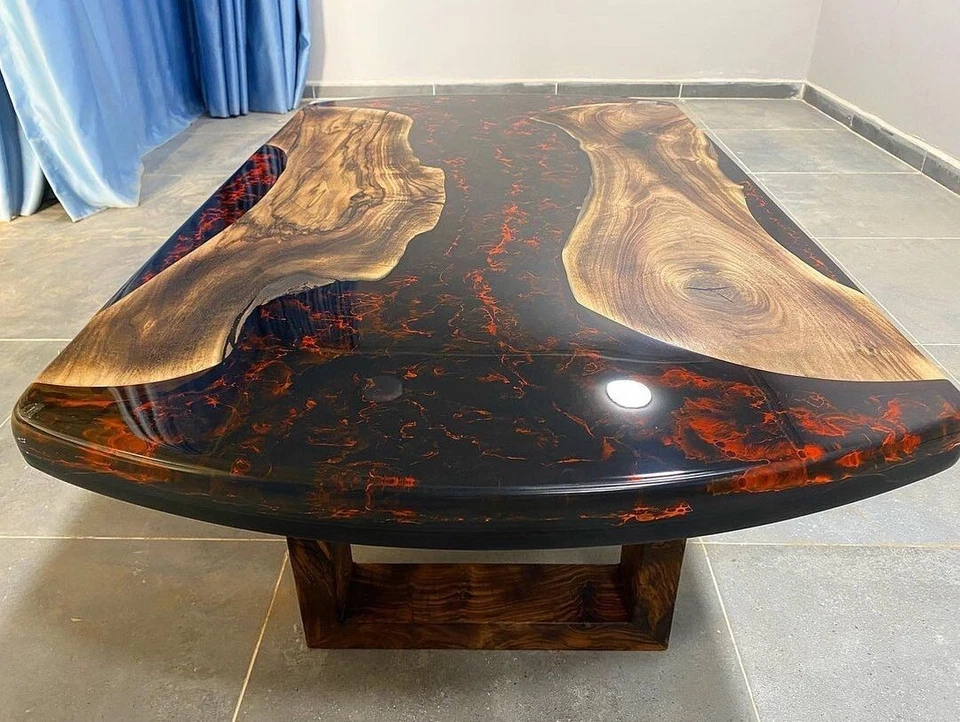 Mesa de río epoxi negro y rojo llama lava de nogal oscuro - comedor, café y pestaña final Foto 4 de 4