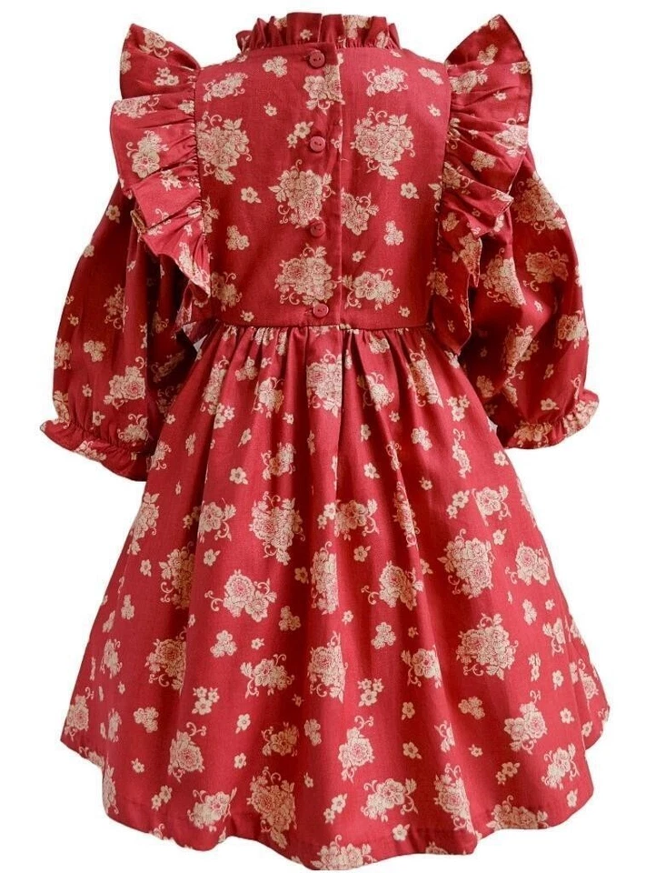 全新带标签 Bonnie Jean 女孩围脖连衣裙尺寸 3-6 个月红色金色缩褶荷叶边 — 第 2/3 张图片