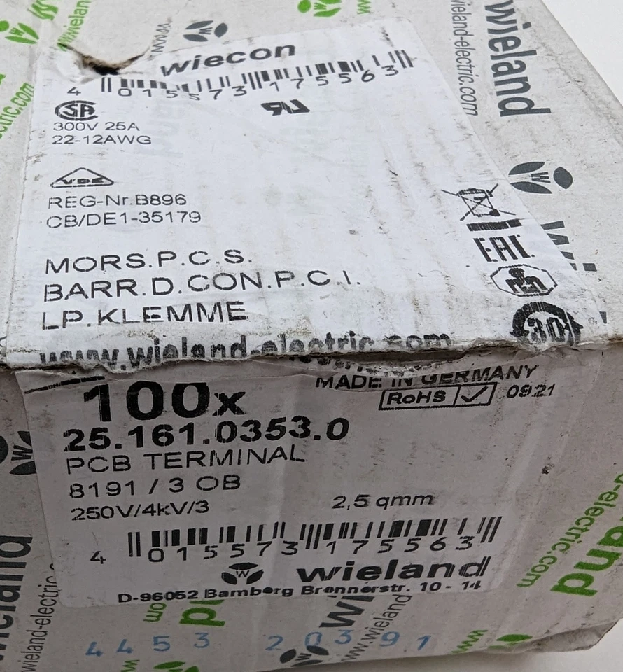 100 Wieland 25.161.0353.0 Terminal Block 3Position Wire-to-Board 5mm 22-12 AWG - Image 4 of 4