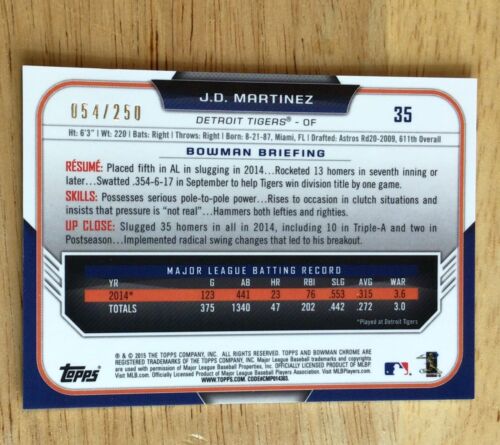 2015 Bowman Chrome #35 J.D. Martinez Purple Refractor /250 - Picture 2 of 2