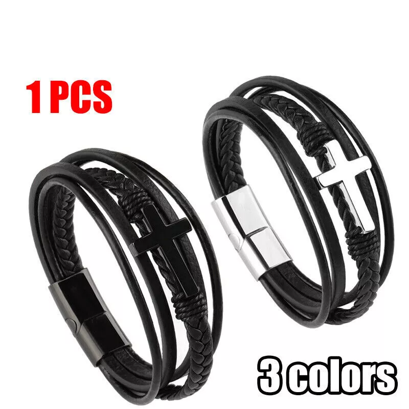 Mens leather outlet cross bracelet