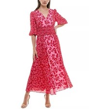 $139 Taylor Women's Pink Red Gown Slit Peasant  Chiffon MIDI Floral Dress Sz 6