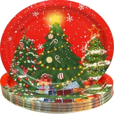 Fancy Land Christmas Tree Oval Paper Plates Holiday Serving 10x12 inches, Red
