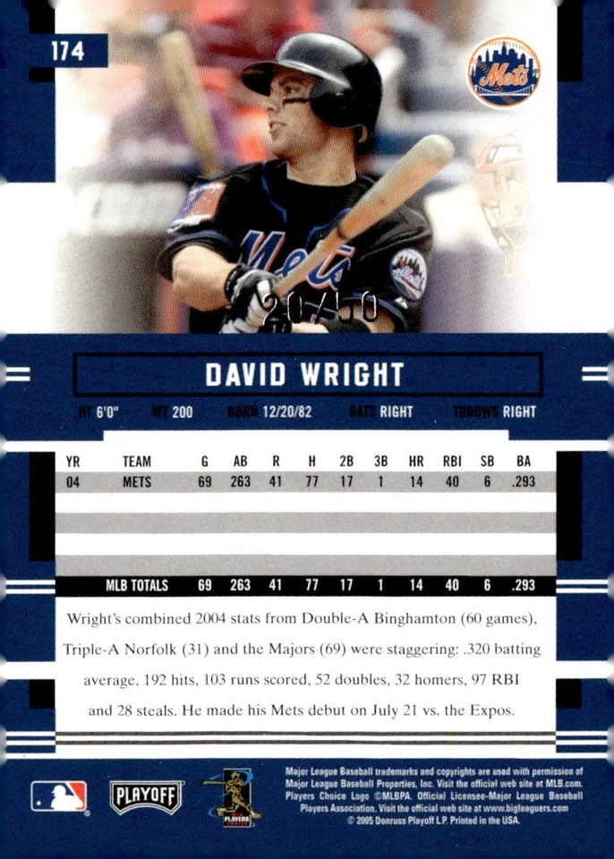 DAVID WRIGHT 2005 PRESTIGE **VERDE** EXTRA BASES NOVATO RC/50!! 🔥🔥NY METS Foto 2 de 2