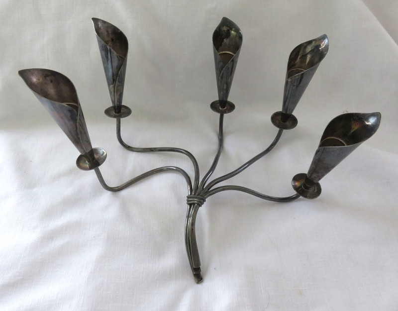 Vtg MCM Hans Jensen SilverPlate 5 Light Calla Lily Candle Holder Denmark Signed