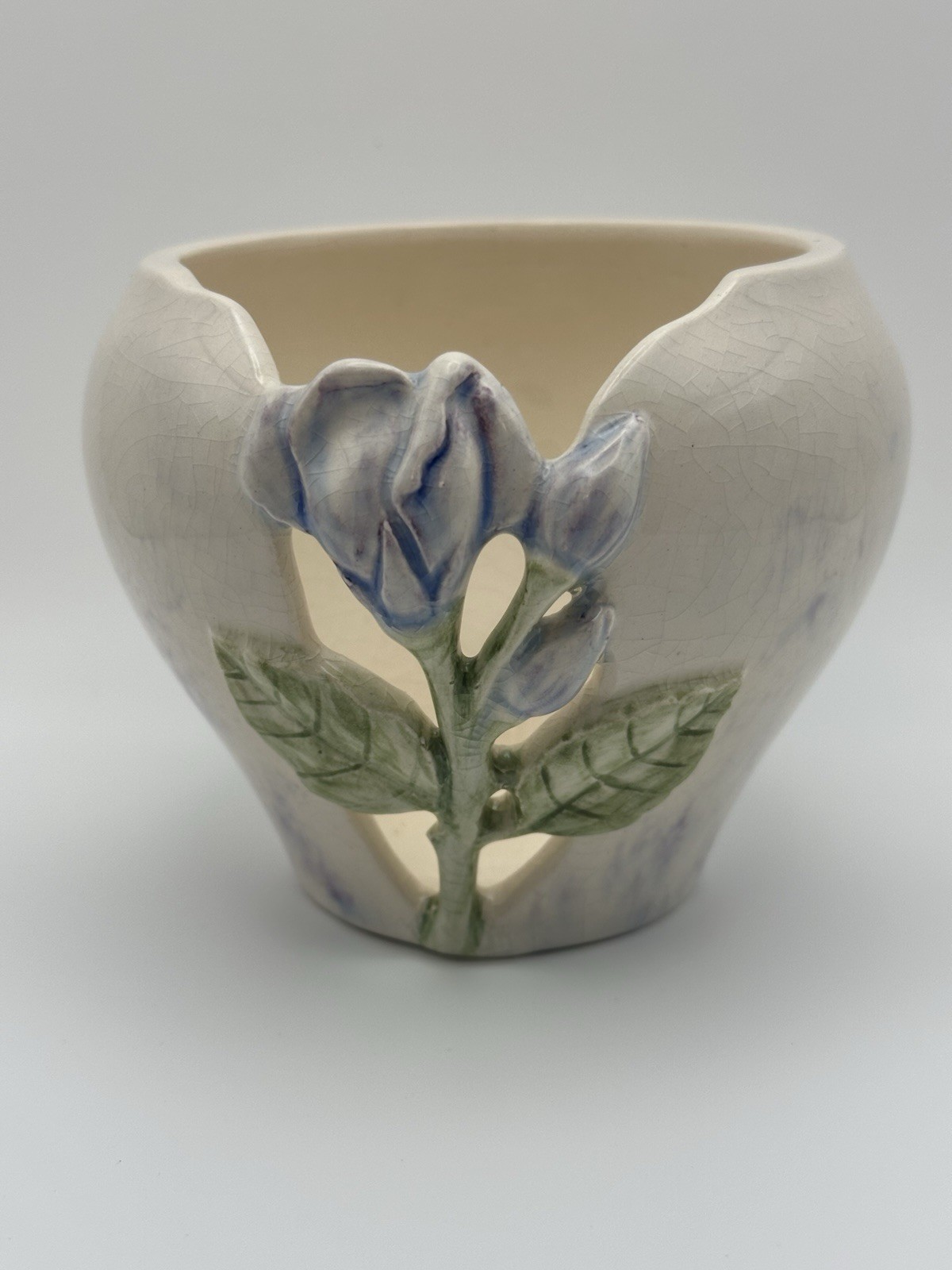 Handmade Studio Pottery Art Carved Vase Iris Floral Signed Purple Green