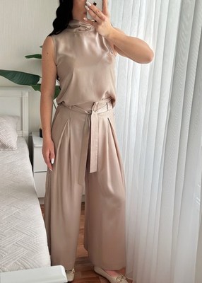 Marella Silk Blend Champagne Beige Sleeveless Top Palazzo Pants Set Suit IT 40
