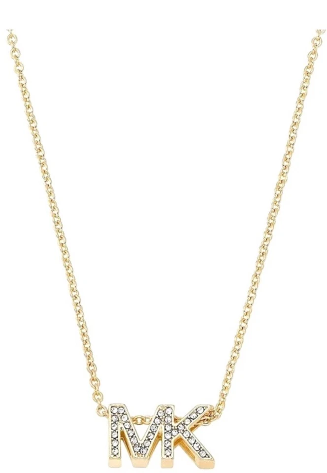 Collar Michael Kors MK Logo Cristales Colgante Tono Dorado Latón Nuevo con Etiquetas Foto 2 de 4