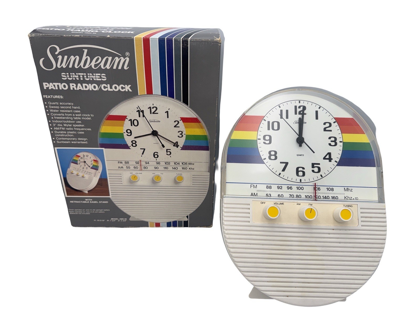 NOS Sunbeam Suntunes Patio Radio Clock 885-50 Rainbow Retro w Box