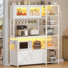 Bakers Rack with Power Outlet &LED Light, Farmhouse Coffee Bar Cabinet w/Storage