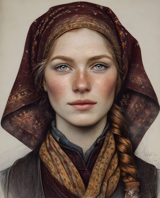 8x10 Cozy Storybook Woman with Scarf Around Her Head Art Print - 810983753