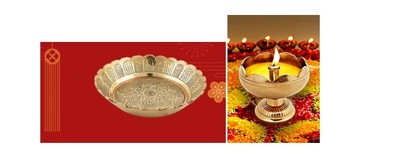 Set Messing Floral Nakashi Arbeit Teller/Schalen & Akhand Diya Deepak Deepam ...