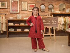Cotton Embroidered Open Shirt style 2Piece Suit Bridal Red Kurti Trouser set