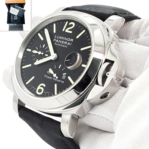 Panerai Luminor Power Reserve Steel Black Dial Mens Watch PAM00090 Box Papers