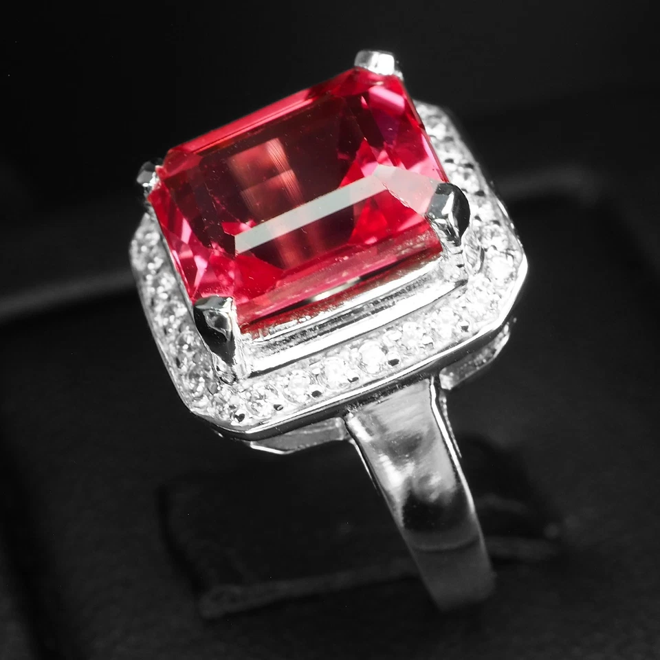 Anelli fatti a mano in argento sterling 925 7,06 ct baguette zaffiro rosa... - Immagine 3 di 4