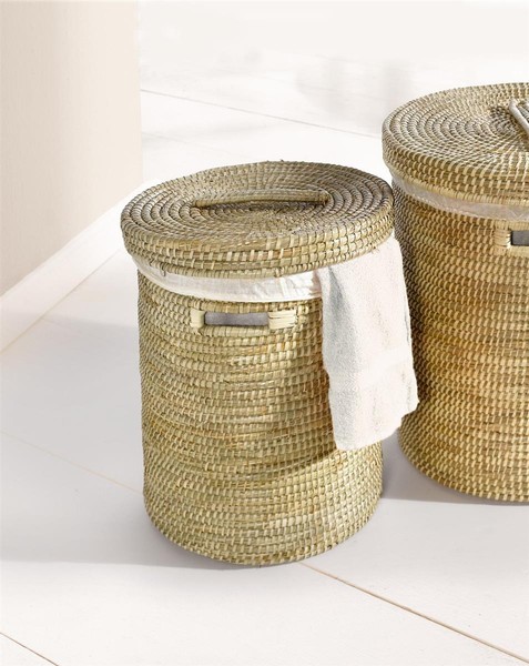 WäSchekorb Aus Seegras Mit Deckel, Ø 40X50 Cm, WäSche Sammler Truhe Box Sack-image