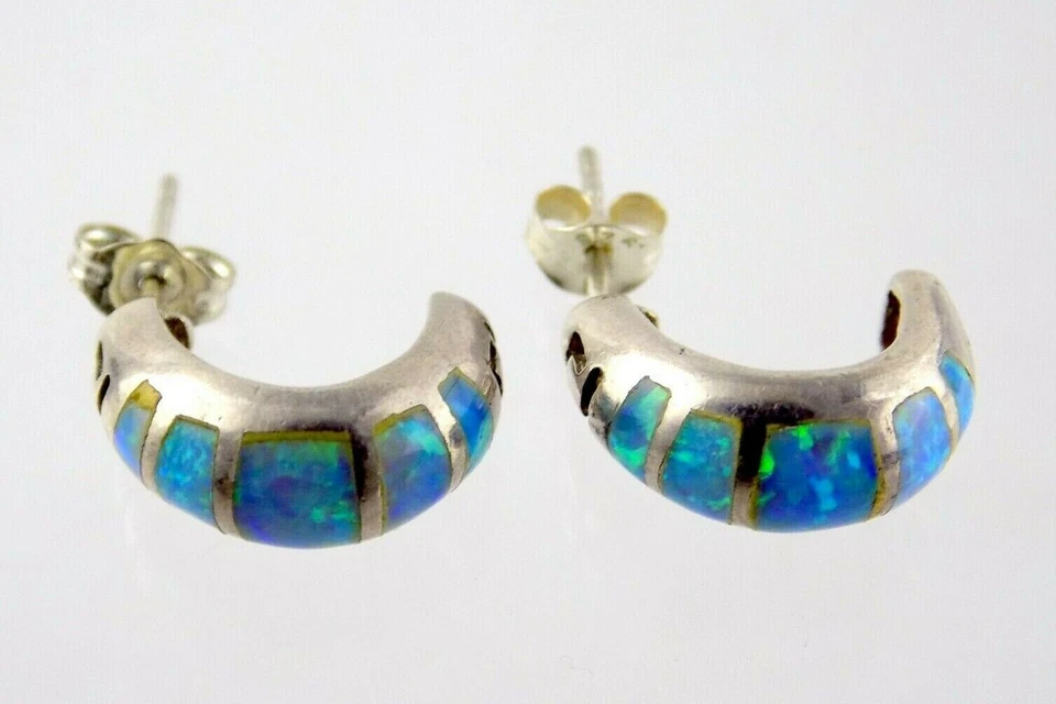 Aretes rizados con incrustaciones de ópalo simulado azul de plata de ley 925 de 0,5 pulgadas 3,6 g Foto 2 de 4