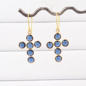 Authentic Cross Pattern Iolite Blue Quartz 24k Gold Plated Drop Dangle Handmade Earrings
