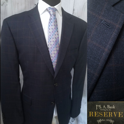 Jos Bank Reserve Men Blazer 44r Blue Gray Windowpane SILK WOOL Sport Coat Jacket