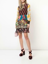 Alice and Olivia Dasha Tiered Silk Ruffle Tie Neck Mini Dress Multi - 4 / 8 au