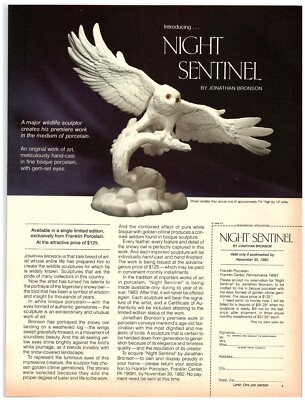 1982 Sculptor Jonathan Bronson Print Ad, Night Sentinel Porcelain Owl Order Form