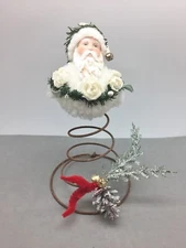 Santa Claus on Bed Spring Primitive Handmade Christmas Decoration 8" White Suit