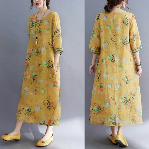 Women Linen Cotton Dress 3/4 Sleeve Ethnic Chinese Ethnic Cheongsam Qipao Retro - Picture 3 of 13