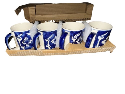 Set Of 4 Cobalt Blue & White Mugs Espresso Cups Made In India Hand-Painted - Picture 7 of 11