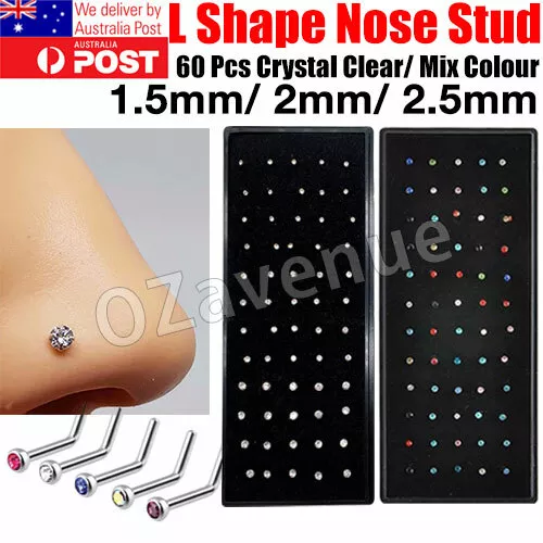 60x Nose Stud L Shape Bend Twist Crystal Clear Mix Colour Bulk Lot