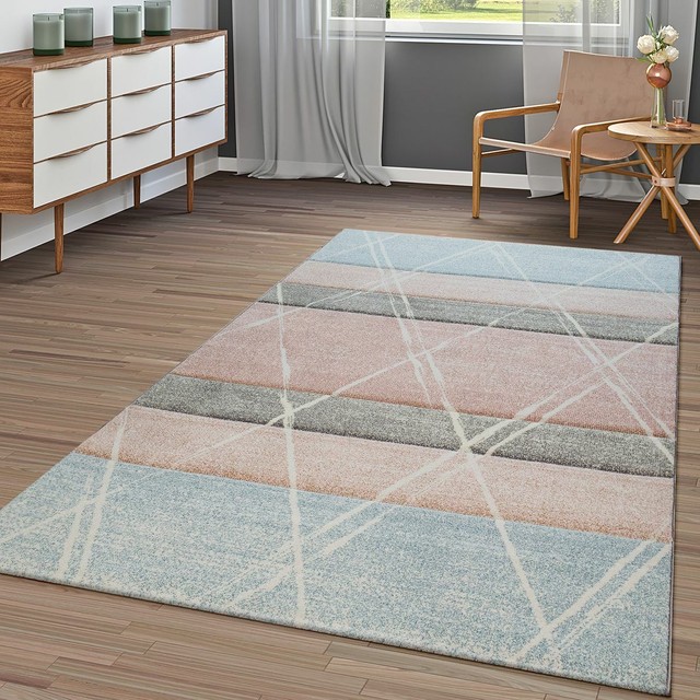 Teppich Bunt Apricot Blau Wohnzimmer Weich Rauten Muster Skandi Design 3 D Optik Ebay