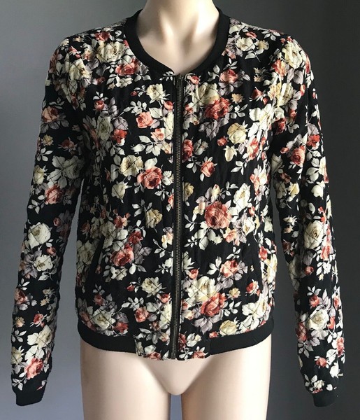 VALLEY GIRL Bomber Jacket Quilted Black Floral Zip Front Size   10 Whimsi