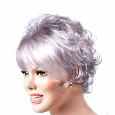 Lady Short Grey White Synthetic Hair Natural Curly Wavy Women Wigs