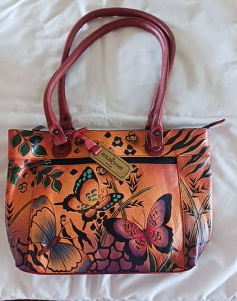 Anuschka Hand Painted Leather Animal Butterfly Large Shoulder Bag