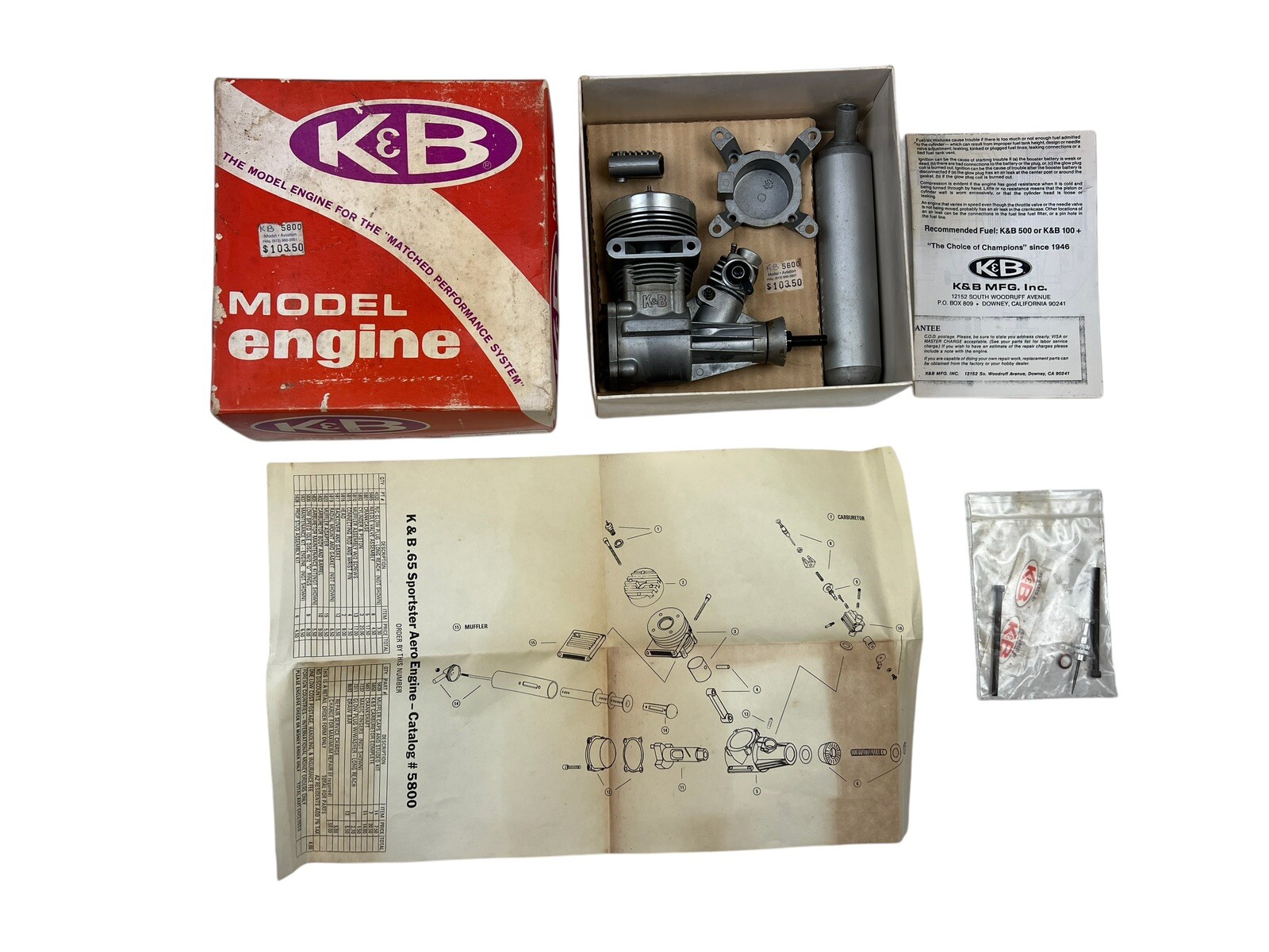 K&B no. 5800 Sportster .65 R/C Model Engine Airplane Motor New Read As