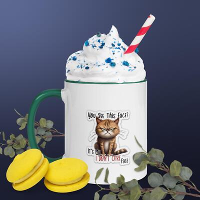 Mad Cat I Don't Care Coffee Mug 11oz. Cup ( Double Sided ) Color Inside