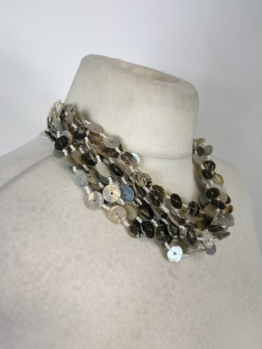 Neutral Cream Shell Statement Bib Necklace Spring Multi-Strand Beads Button - Picture 2 of 8
