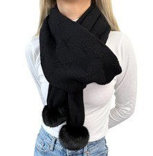 LOUIS VUITTON Vintage Monogram Echarpe Fur Scarf Shawl Black Cashmere Logo