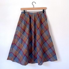 Vintage Plaid Midi Skirt Sz Small Wool Blend Brown Preppy Academia Retro 70s 80s